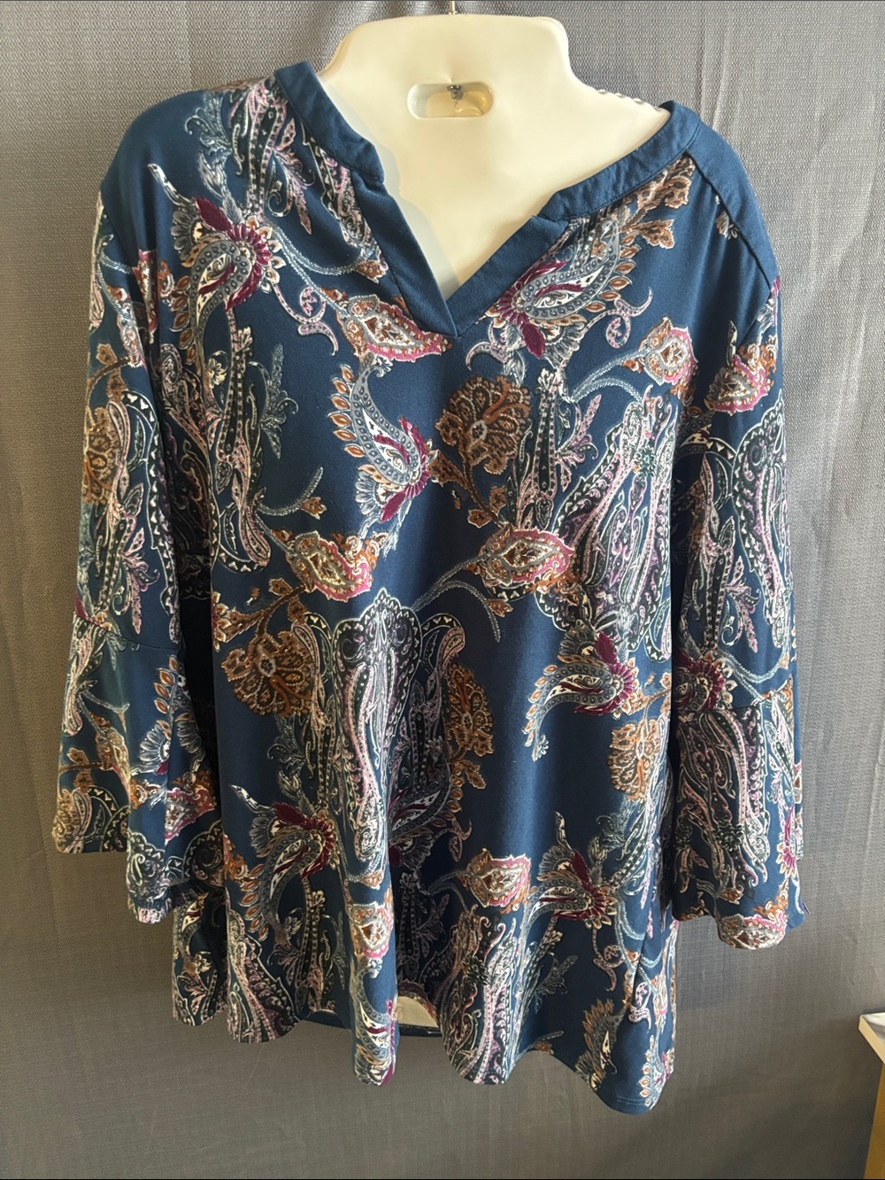 Notations Navy suede feel Paisley V-Neck Blouse with Pink and Tan Accents